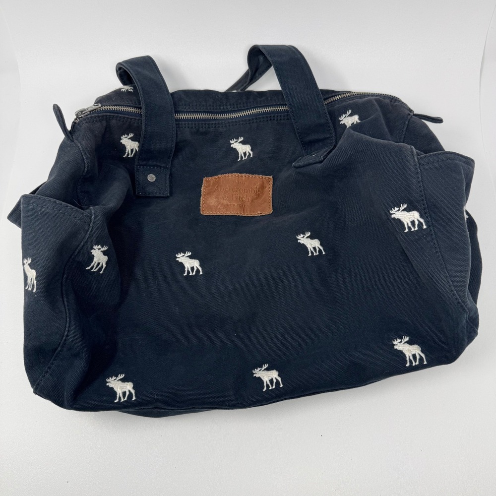 Abercrombie & Fitch Navy Blue Canvas Duffel Bag White‎ Moose Embroidery
